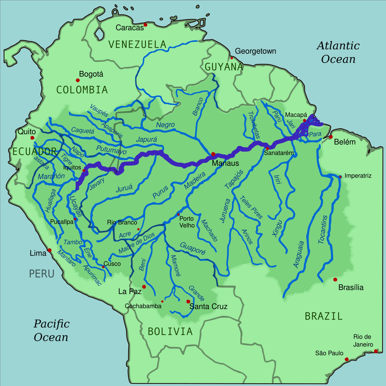 <p>The largest river in the world by discharge volume of water, located in South America.</p><p></p>
