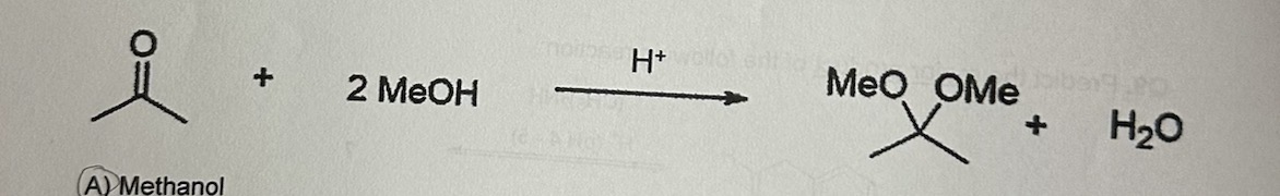 <p>The products of acetal formation from a ketone are shown below. Which reactant did the oxygen in water originate from? </p>