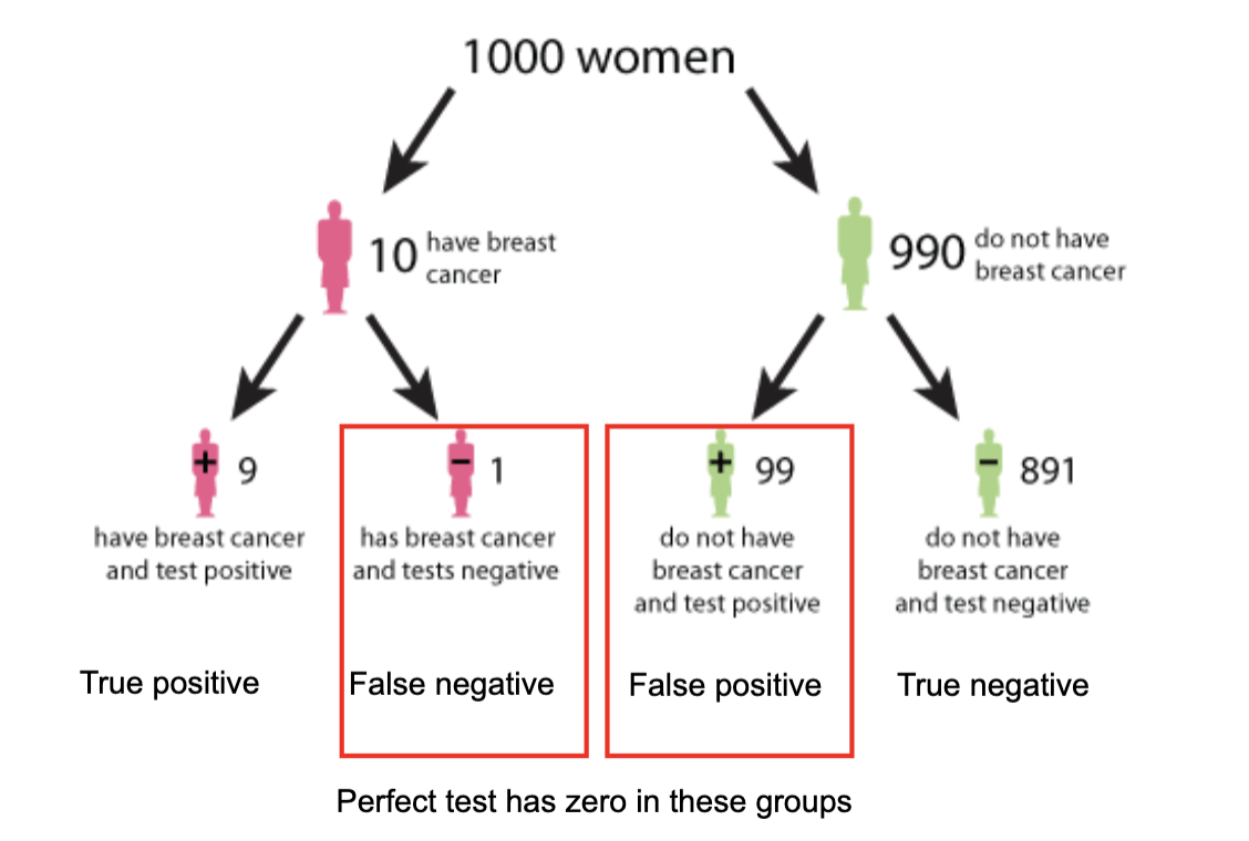 <ul><li><p><strong>False positive:</strong> Test says cancer is present when it isn’t → causes <strong>unnecessary anxiety, further tests, and cost</strong></p></li><li><p><strong>False negative:</strong> Test misses cancer when it is present → <strong>delays diagnosis and treatment</strong></p></li><li><p>Even with good tests, both can occur (e.g., 99 false positives vs 1 false negative in this example)</p></li><li><p>A <strong>perfect test would have zero false positives and false negatives</strong></p></li><li><p>Screening decisions must balance <strong>accuracy, cost, and practicality</strong></p></li></ul><p></p>