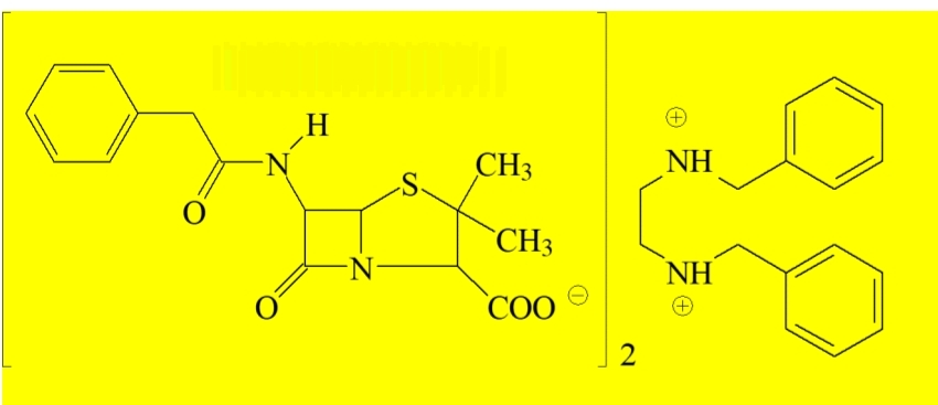<p>penicylina naturalna o przedłużonym działaniu</p><p>działa bakteriobójczo poprzez:</p><ul><li><p>wiązanie z <strong>białkami PBP</strong>,</p></li><li><p>hamowanie syntezy peptydoglikanu ściany komórkowej bakterii,</p></li><li><p>uszkodzenie ściany komórkowej,</p></li><li><p>lizę i śmierć bakterii.</p></li></ul><p>głównie na bakterie Gram-dodatnie oraz niektóre Gram-ujemne ziarniaki</p><p>w zakażeniach paciorkowcowych, kile oraz innych zakażeniach wywołanych przez wrażliwe drobnoustroje.</p>