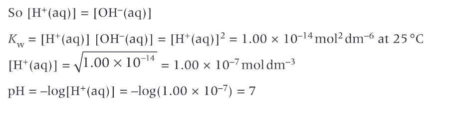 <p>on dissociation water is neutral, it produces the same number of H+ and OH- ions </p>