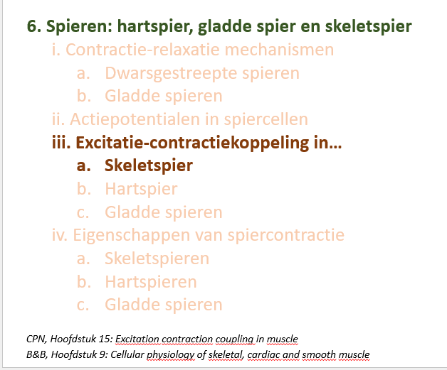 <p><span>Elektrische signaal is een call to action voor de spieren.</span></p><p style="text-align: left;"><span>Het is signaal om contractie uit te lokken.</span></p><p style="text-align: left;"><span>-</span></p><p style="text-align: left;"><span>Dan moet <strong><em>excitatie-contractie koppeling </em></strong>gebeuren:</span></p><p style="text-align: left;"><span>Op de axcitatie moet een contractie volgen.</span></p>