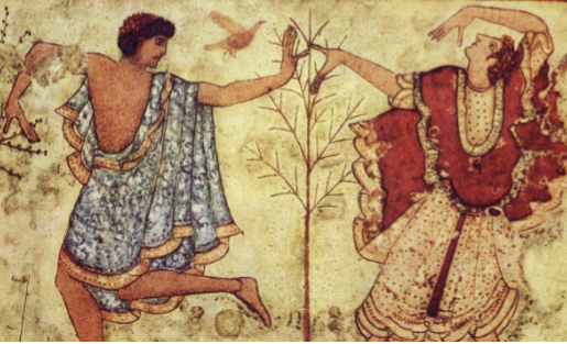 <p>Highlights the prominent place women had in Etruscan society based on their wealthy dress/equal place at the table</p>