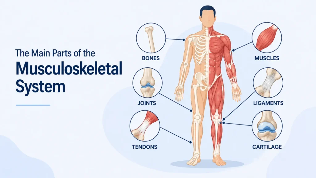 <p>Mechanical support, posture and movement.</p><p>muscular: Skeletal, smooth, and cardiac muscles</p><p>skeletal: Bones, cartilage, ligaments, and tendons</p>