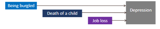 <ul><li><p>Being burgled</p></li><li><p>Death of child</p></li><li><p>Job loss</p></li></ul><p>All increase risk of depression </p><p></p>