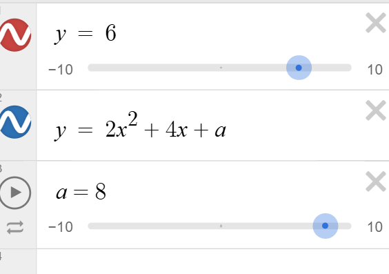 <ul><li><p>add a slider for a —> manipulte it into the two graphs are touching / have 1 intersection </p></li></ul><p></p>