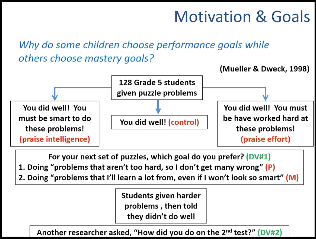 <p>When faced with a setbakc, why do some giveup while others try harder? → It depends on the type of goals set</p><ol><li><p>Performance Goals → goals that result in being judged favourably and avoiding criticism (wanting straight As)</p></li><li><p>Mastery (learning( Goals → goals that result in increased competence and skills and finding intrinsic pleasure in the task at hand (practice soccer games)</p></li></ol><p>Why do some children choose one or the other? → research study</p><ul><li><p>the kids who got praised for intelligence = almost 70% chose performance goals → they’d rather have easier puzzle questions so that they could do well again </p><ul><li><p>almost 40% of these kids lied about their scores</p></li></ul></li><li><p>kids who got praised for effort = less than 10% chose performance goals </p><ul><li><p>about 12-13% lied about their scores</p></li></ul></li></ul><p>^ in third trail, ones that were praised for effort got higher scores while ones praised for intelligence got lower</p><p></p>