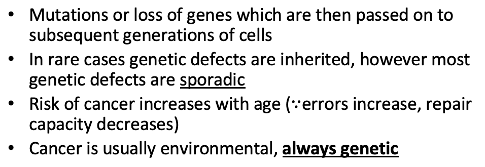 <p>usually multiple accumulations of mutations that cause cancer, not a single one</p>