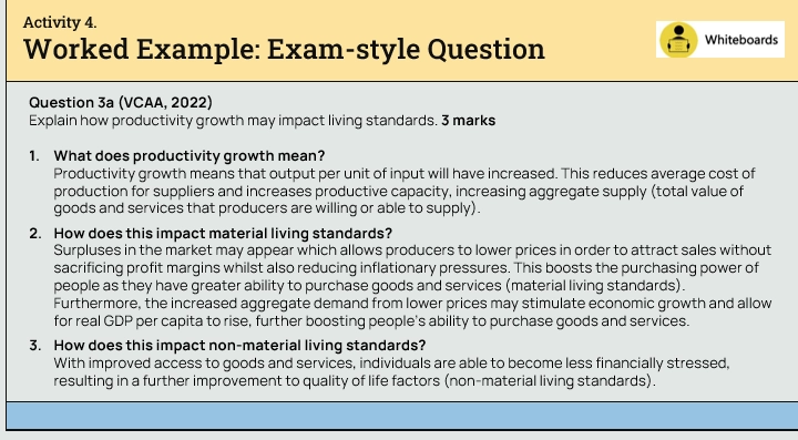 <ul><li><p>Levels of national production and income per person: measured by the annual rise in Gross Domestic Product (GDP) per capita (person)</p></li><li><p>An increase in level of national production will increase national income and consumption per head</p></li><li><p>However, national production and incomes must grow at a faster rate than population for people to enjoy higher material living standards</p></li></ul><p></p>