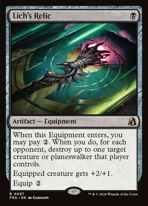 <p>When this Equipment enters, you may pay {2}. When you do, for each opponent, destroy up to one target creature or planeswalker that player controls.</p><p>Equipped creature gets +2/+1.</p><p>Equip {2}</p>