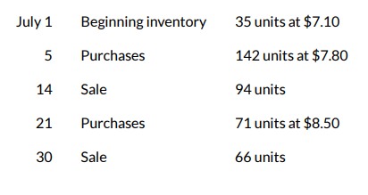 <p>Suppose that Wildhorse has the following inventory data:</p><p></p><p>Assuming that a perpetual inventory system is used, what is the cost of goods sold on a LIFO basis for July?</p>