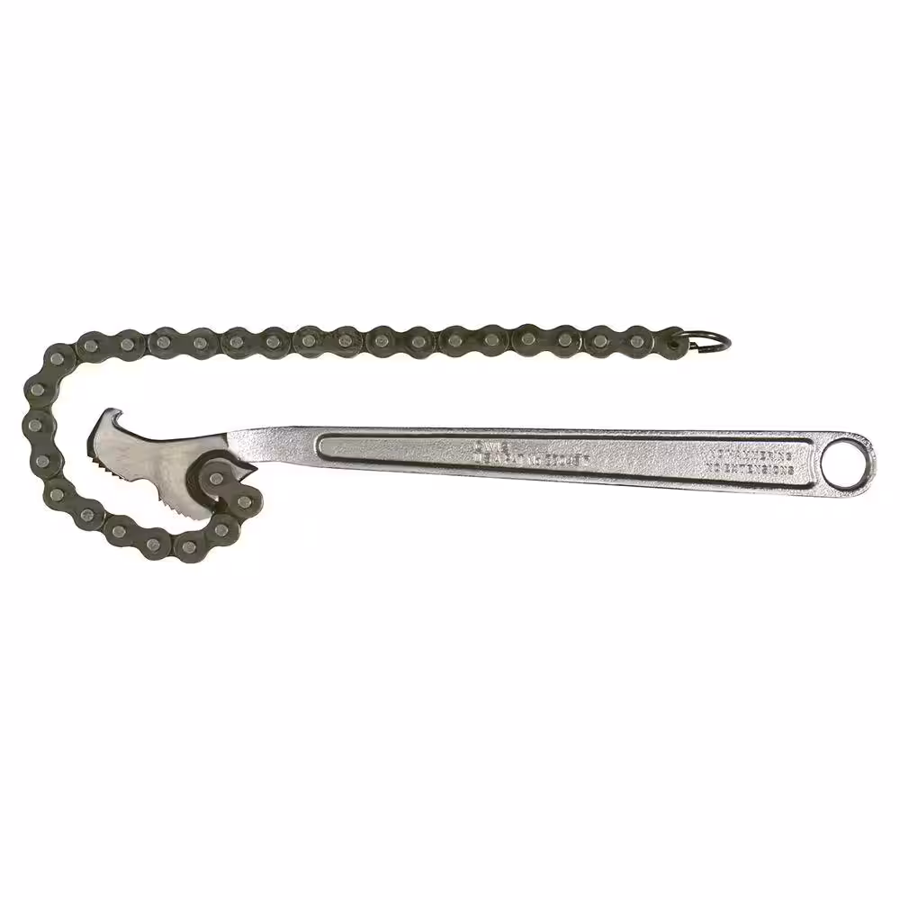 <p>Hand tool with a chain loop that wraps around cylindrical objects to grip and turn them, commonly used on pipes and round fittings.</p>