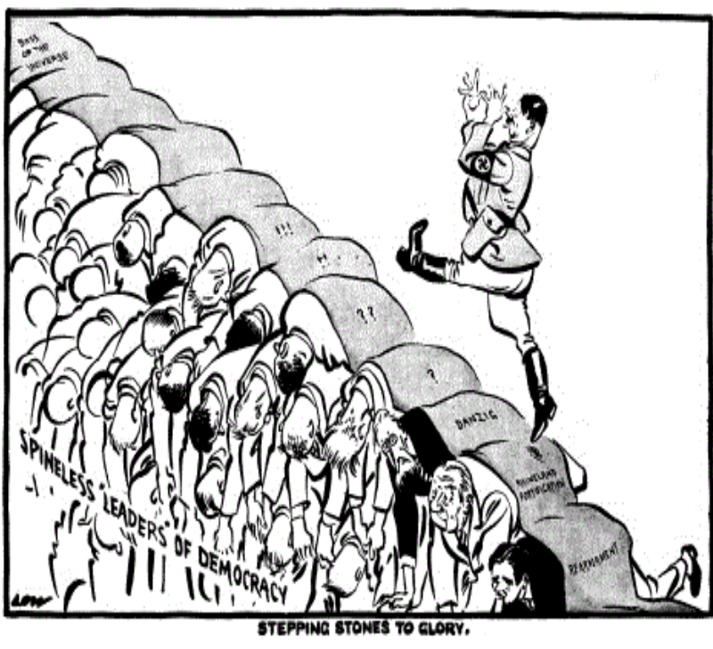 <p>What is the main idea of this cartoon?</p><p>A. Democratic leaders successfully stopped Hitler<br>B. Hitler relied on military strength alone to gain power<br>C. Democratic nations allowed Hitler to grow stronger through appeasement<br>D. Hitler was supported equally by all European nations</p>
