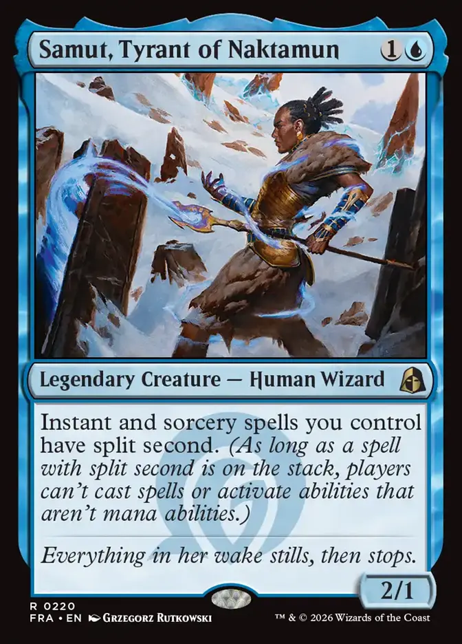 <p><span>Instant and sorcery spells you control have split second. </span><em>(As long as a spell with split second is on the stack, players can’t cast spells or activate abilities that aren’t mana abilities.)</em></p>