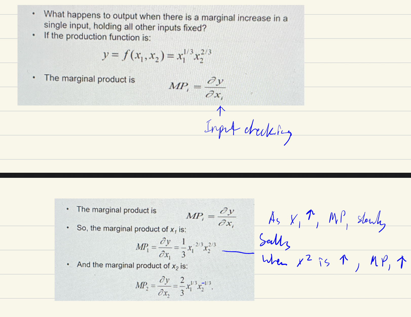<p>diminishing when second derivative is negative - as get more of that input becomes less useful</p>
