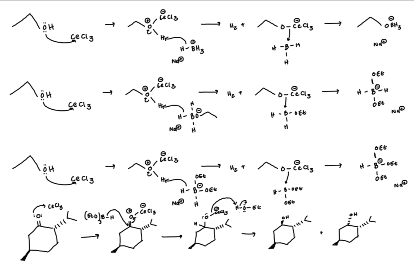 <ol><li><p>you have to form your B(OEt)3H (aka the first three steps get the OEt group to connection with B</p></li><li><p>the bottom is the O-Ce, nuc attack by B(OEt)3H to push electrons from bond to O. then HOEt will protonate to form hydroxyl</p></li></ol><p></p>