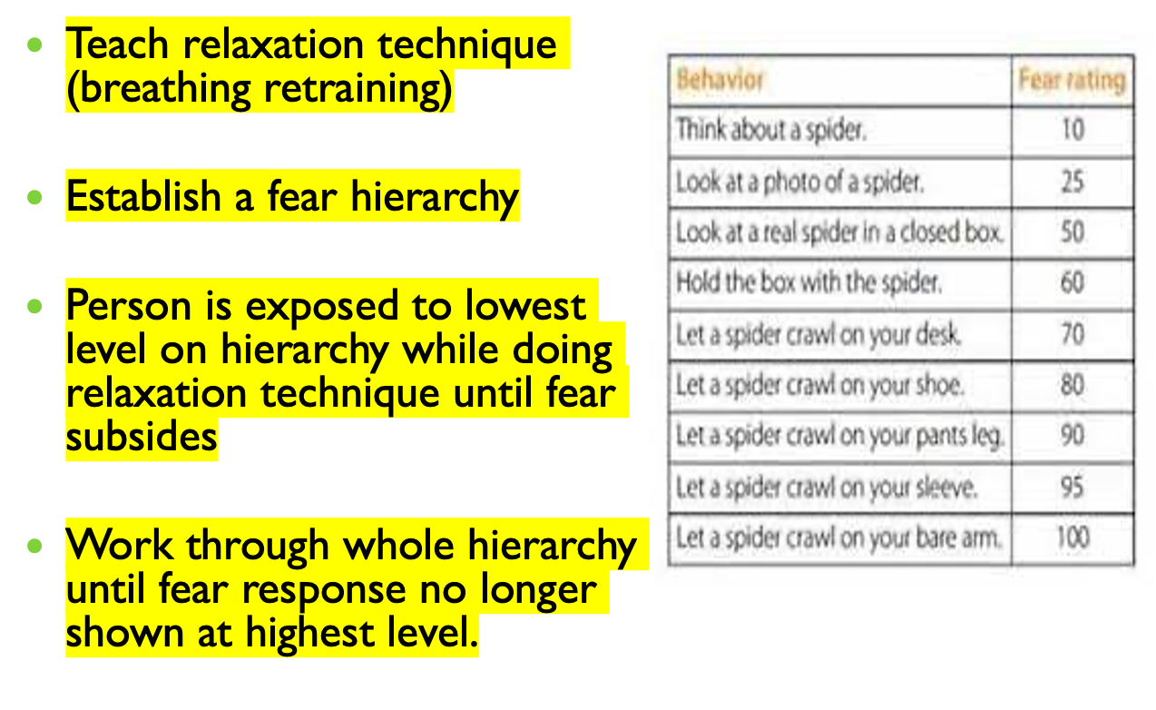 <p><span style="font-family: "Wingdings 2";"></span><span style="background-color: yellow; font-family: "Gill Sans MT";">Teach relaxation technique (breathing retraining)</span></p><p></p><p><span style="font-family: "Wingdings 2";"></span><span style="background-color: yellow; font-family: "Gill Sans MT";">Establish a fear hierarchy</span></p><p></p><p><span style="font-family: "Wingdings 2";"></span><span style="background-color: yellow; font-family: "Gill Sans MT";">Person is exposed to lowest level on hierarchy while doing relaxation technique until fear subsides</span></p><p></p><p><span style="font-family: "Wingdings 2";"></span><span style="background-color: yellow; font-family: "Gill Sans MT";">Work through whole hierarchy until fear response no longer shown at highest level.</span></p>