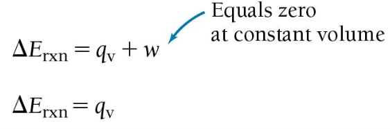 <p>If a reaction is given out at constant volume, then deltaV=0, and w=0, meaning the heat given off, called the heat at constant volume, (qv), is equal to the change in internal energy</p>