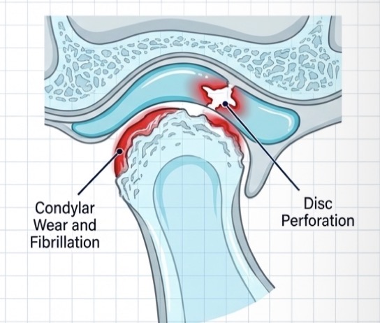 <p>Post macrotrauma hemarthrosis or prolonged static loading (eccentric bruxism/clenching)</p><p>Single, dry click when opening (temp adhesion) or severe limited opening without noises</p><p>Manually manipulate under anesthesia, arthrocentesis or arthroscopy of conservative management fails </p>