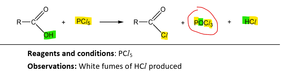 <p>RnCs: PCl<sub>5</sub></p><p>Observations: Dense white fumes of HCl</p><p>Note: </p><ul><li><p>good distinguishing test for alcohols </p></li><li><p>reaction has same products as the one with alcohol except the acyl chloride</p></li></ul><p></p>