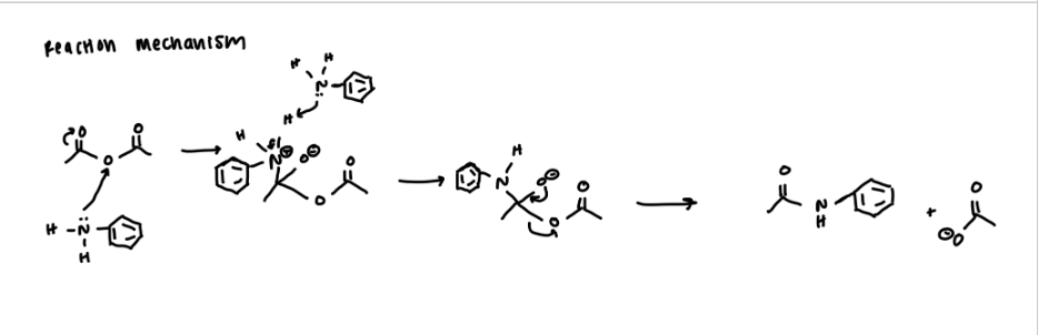 <p>nucleophilic attack of amine and the electrons from an alkene goes to the oxygen (will be negative), hydrogen on N will get deprotonated, then the electrons from the alkoxide will come down to form carbonyl, and then the other ester gorup will leave </p>