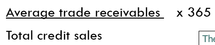 <p>Average receivables divided by credit sales multiplied by 365</p><p>(the lower the better)</p>