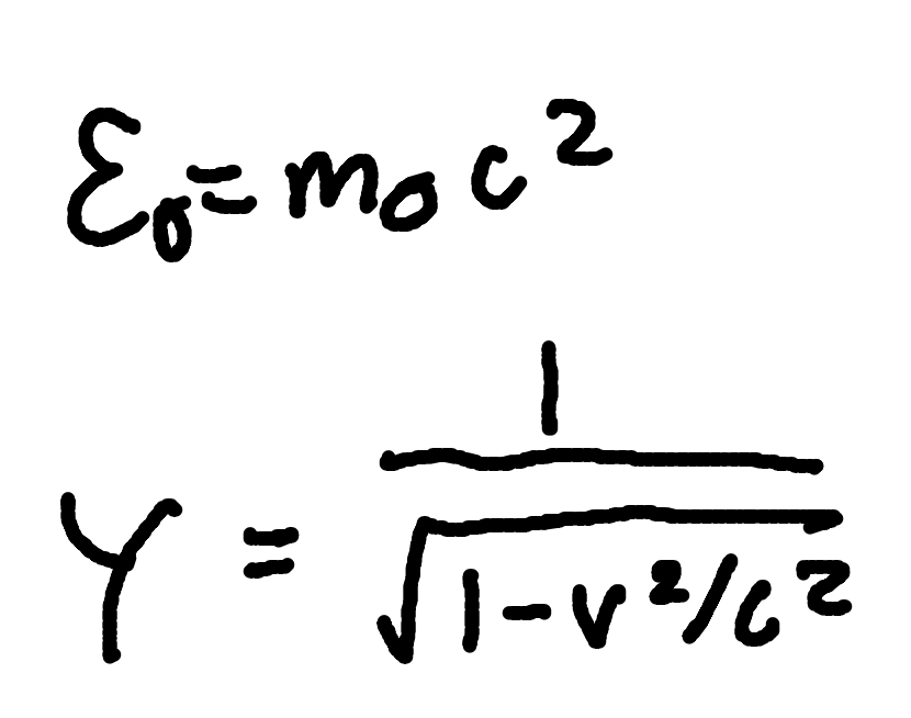 <p>Where </p><p>E0 = Rest energy</p><p>γ = Lorentz factor</p><p>m0 = rest mass</p><p>c = speed of light (3 × 10^8m/s) </p>