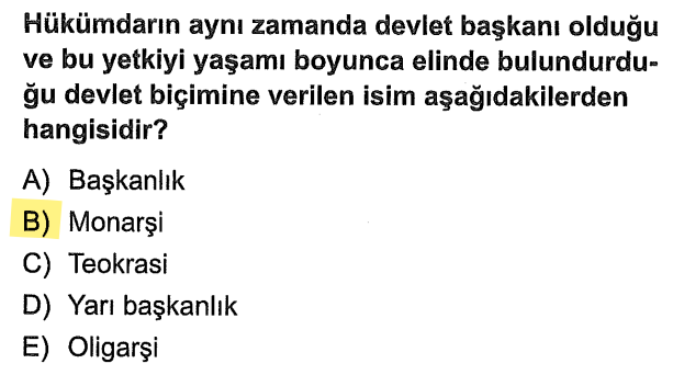 <p>Devletin başında ömür boyu kalan tek bir kişinin tüm yetkiye sahip olduğu yönetim şekline monarşi denir.</p>