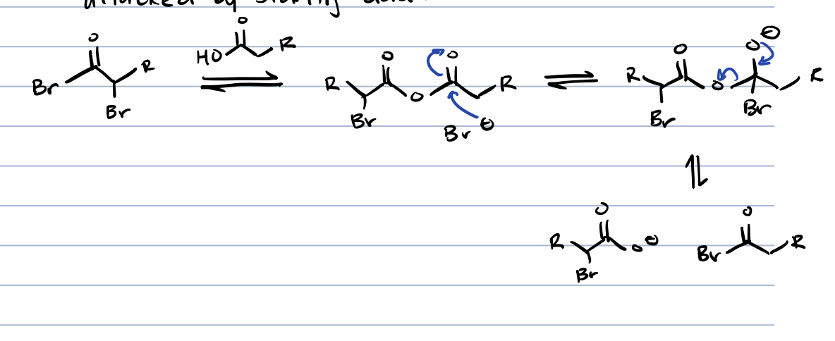 <p>adding strong acid reacts with the ⍺-bromo acid bromide</p>