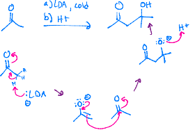 <p>Becomes a negatively charged oxygen, and then LDA reaches out to a hydrogen that is on the carbon next to it, and a double bond can be created. </p>