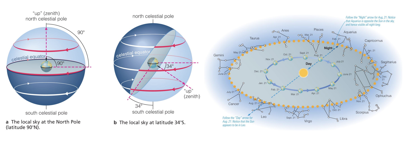 <p>The stars we see at night depend on our latitude because that determines which stars are above or below the horizon.</p><p>They depend on time of year as Earth orbit’s the Sun, we look outward (away from the Sun) in different directions over each year.</p>