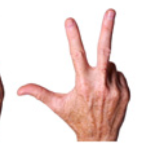<p>palm facing me hold out thumb middle and pointer finger</p>