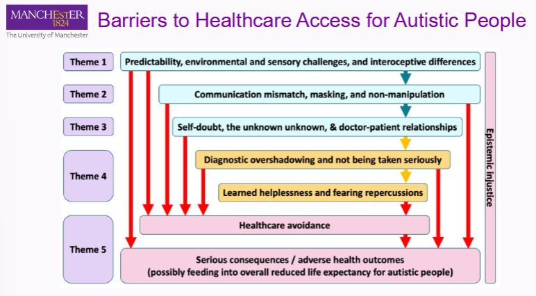 <ul><li><p>early barriers; including predictability, environmental challenges and sensory/interoceptive differences.</p></li><li><p>communication mismatch ; e.g. masking</p></li><li><p>doubt in self and doctors; self-doubt, doctor-patient relationships</p></li><li><p>helplessness and fear</p></li><li><p>healthcare avoidance and adverse health outcomes</p></li></ul><p></p>
