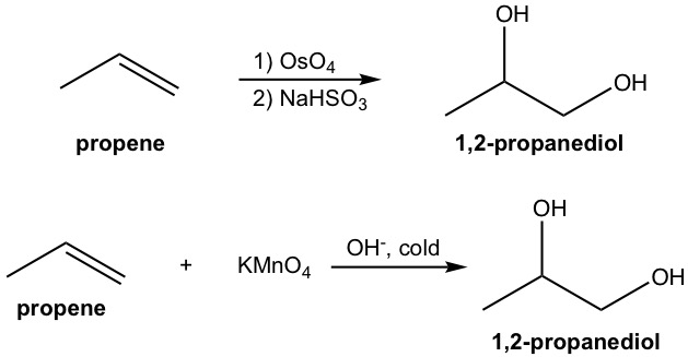 <p>OsO4 and peroxide and KMnO4 cold breaks the double bond in alkene and adds an -OH to each corresponding carbon in a cis manner</p>