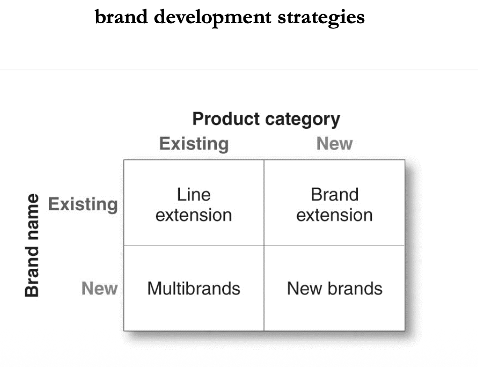 <ul><li><p>Line extensions </p></li><li><p>brand extensions</p></li><li><p>multibrands </p></li><li><p>new brands </p></li></ul><p></p>