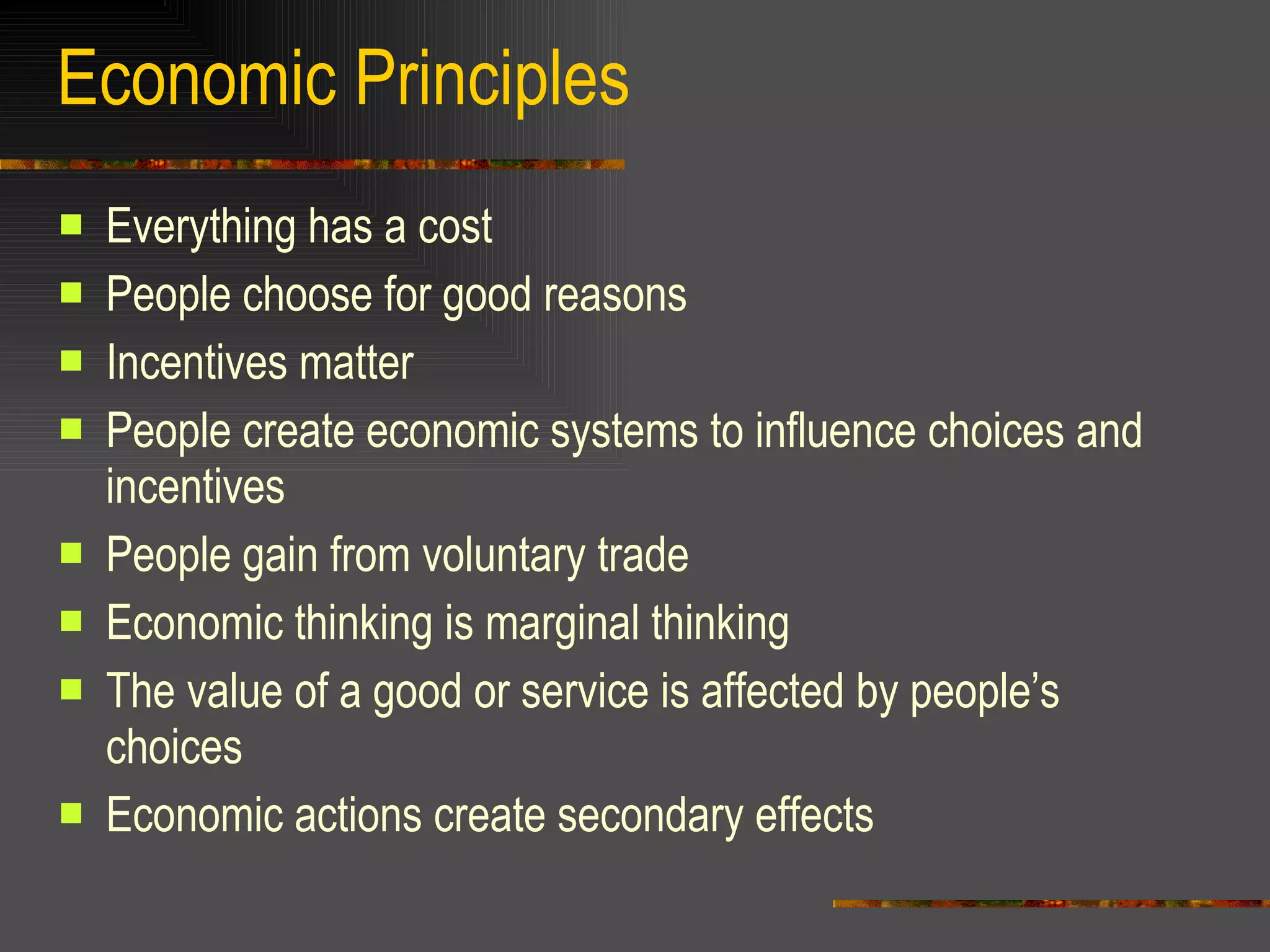 <p>a widely accepted generalization about the economic behavior of individuals or institutions</p>