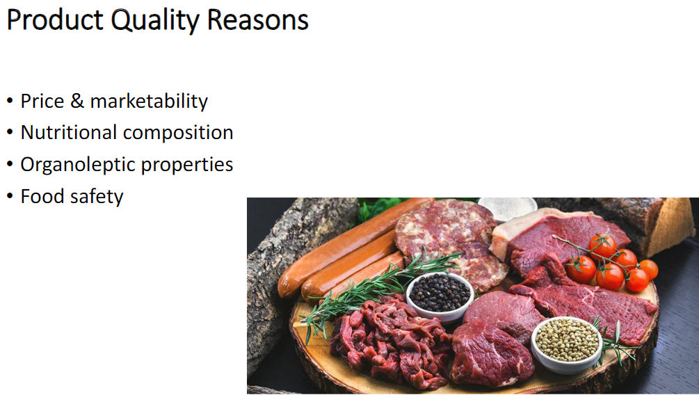 <p><strong>Product Quality Factors</strong></p><ul><li><p><strong>Price &amp; marketability</strong> → affects how easily the product can be <strong>sold</strong></p></li><li><p><strong>Nutritional composition</strong> → affects the <strong>nutritional value</strong> of the product</p></li><li><p><strong>Organoleptic properties</strong> → affects <strong>sensory qualities</strong> such as taste, smell, texture</p></li><li><p><strong>Food safety</strong> → ensures products are <strong>safe for consumption</strong></p></li></ul><p></p>