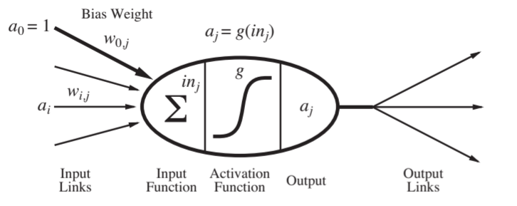 <ul><li><p>Input <em>ai </em>come from other nodes (i or j) or from outside the network</p></li><li><p>Each input (link) has a weight <em>w(i,j) </em></p></li><li><p>There isi also a fixed bias input <em>a0 = 1 </em>with bias weight <em>w0j</em></p></li><li><p>The neuron calculates the total input:<em> inj ​= i∑wi,j​ai​</em></p></li><li><p>It passes this through an activation function <em>g</em>:<em> aj​ = g(inj​) =g(i∑​wi,j​ai​)</em></p><ul><li><p><em>aj</em> becomes the neuron’s output and can be passed to other nodes</p></li></ul></li><li><p>Artificial networks are loosely inspired by biological neurons</p></li></ul><p></p>
