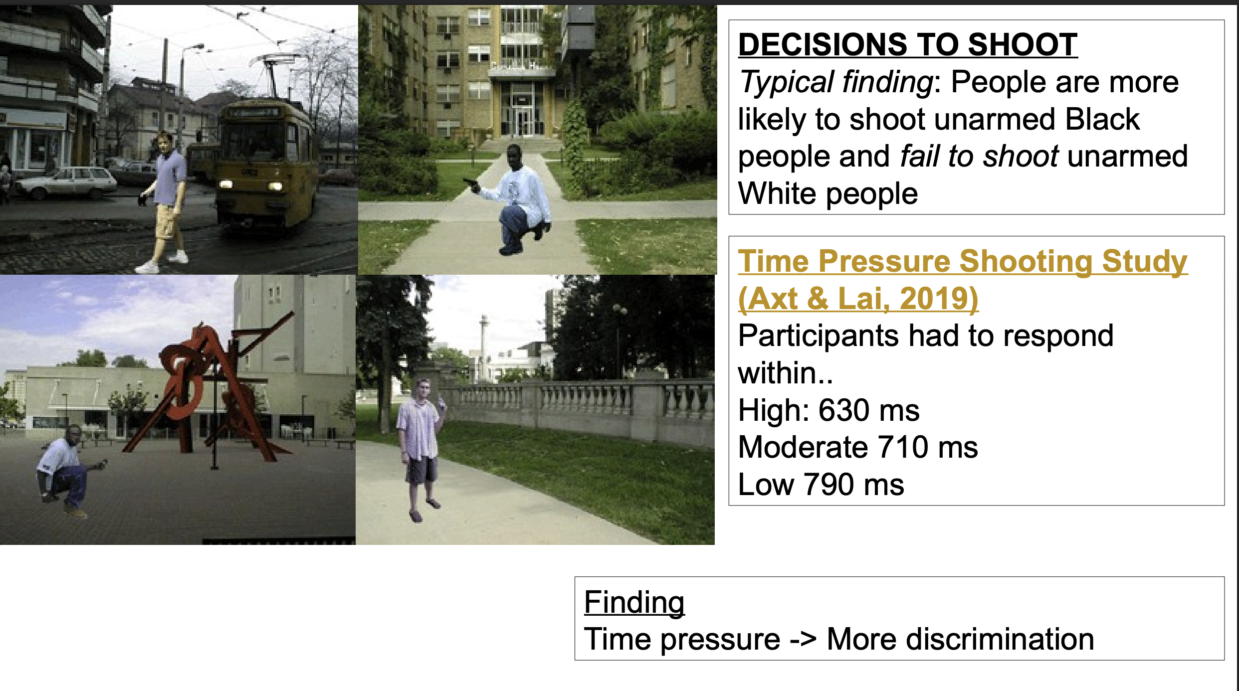 <p><span style="background-color: transparent;">You have no time to think things through → more likely for implicit bias to affect behavior</span></p><ul><li><p><span style="background-color: transparent;">Stressed, tired, drunk, lazy, on a deadline</span></p></li></ul><p></p>