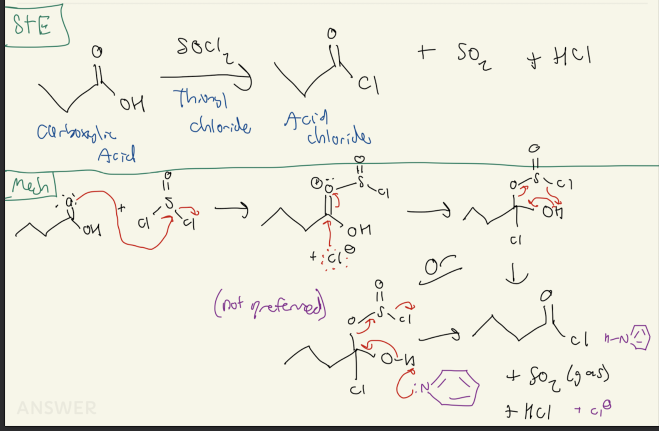 <p>1) S from Thionyl Chloride binds to Carbonyl O and Cl- leaves</p><p>2) Cl- attacks C of Carbonyl to get O to neutral charge </p><p>3) 3 way arrow, </p><ul><li><p>S-Cl attacks Hydrogen</p></li><li><p>-H forms Carbonyl</p></li><li><p>SO2 leaves as L.G.</p></li></ul><p>4) Acid Chloride, SO2, and HCl form</p><p></p>