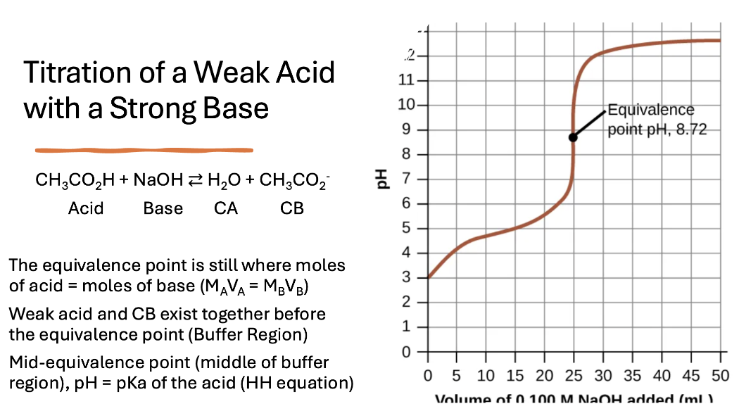 <ul><li><p>The equivalence point is still where moles of acid = moles of base (MAVA = MBVB)</p></li><li><p>Weak acid and CB exist together before the equivalence point (Buffer Region)</p></li><li><p>Mid-equivalence point (middle of buffer region), pH = pKa of the acid (HH equation)</p><ul><li><p>At the Mid-Equivalence Point [Acid] = [CB], Log (1) = 0</p></li></ul></li></ul><p></p>