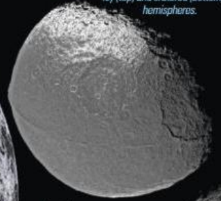 <ul><li><p>extreme 2 tone coloration</p></li><li><p>2 km equatorial ridge</p></li><li><p><em>orbits 59 radii away from Saturn</em></p></li></ul><p></p>