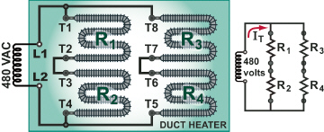 <p><em>The duct heater contains 4 heating elements that are equally rated. Each has the same power and voltage rating. An equivalent schematic is shown at the right.</em><br><br><span>Refer to Figure 129.105. The voltage applied to element R</span><sub>2</sub><span> is ___ volts.</span></p>