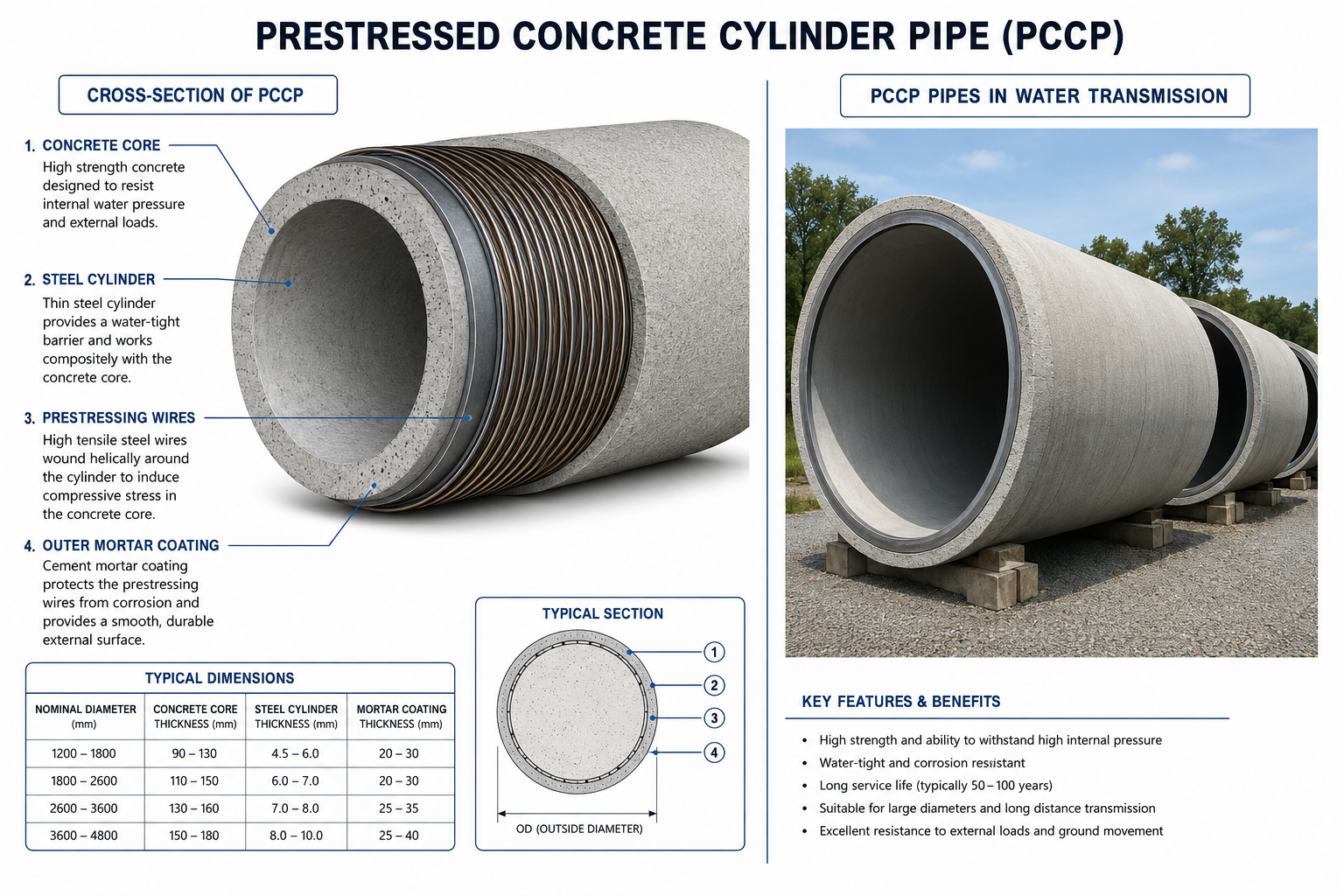 <p><strong>Prestressed Concrete Cylinder Pipe (PCCP)</strong></p><p><span>→ </span><strong>Powerful (prestressed wires)</strong><span> → strongest</span></p><p>→ high-tension prestressing wires wrapped around pipe for higher strength and pressure resistance</p><p>→ prestressed, high-pressure applications</p>