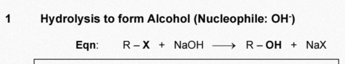 <p>Nucleophilic substitution of halogenoalkanes to form alcohol</p>