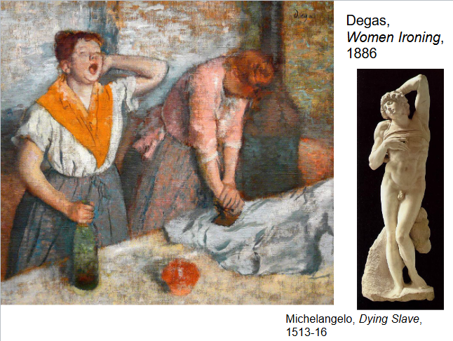 <p><strong>Identification:</strong></p><ul><li><p>Artist: Degas</p></li><li><p>Title: <em>Women Ironing</em></p></li><li><p>Date: 1886</p></li><li><p>Movement: Impressionism</p></li></ul><p><strong>Historical Context:</strong></p><ul><li><p>Laundresses were <strong>working-class women doing physically demanding labor for low wages</strong>.</p></li><li><p>Their work environments were hot, exhausting, and often associated with social concerns about morality and behavior.</p></li></ul><p><strong>Style:</strong></p><ul><li><p>The composition uses <strong>repeated poses</strong> (one woman leaning forward, one leaning back) to create balance and rhythm.</p></li><li><p>Figures are shown in <strong>awkward, unidealized positions</strong>, emphasizing realism over beauty.</p></li><li><p>The gestures feel natural and unpolished, reinforcing the sense of a captured moment.</p></li></ul><p><strong>Themes:</strong></p><ul><li><p>The painting highlights <strong>exhaustion and physical strain</strong>, shown through yawning, slouching, and repetitive movement.</p></li><li><p>The repeated labor suggests a <strong>cycle of work that feels endless and almost enslaving</strong>.</p></li><li><p>The poses may reference classical sculpture (like Michelangelo’s <em>Dying Slave</em>), linking modern labor to ideas of <strong>constraint and lack of freedom</strong>.</p></li><li><p>The bottle introduces <strong>ambiguity</strong>, possibly suggesting drinking or reflecting negative assumptions about working-class women.</p></li><li><p>Degas presents a more <strong>honest and unglamorous view of labor</strong>, exposing the reality behind everyday life.</p></li></ul><p></p>