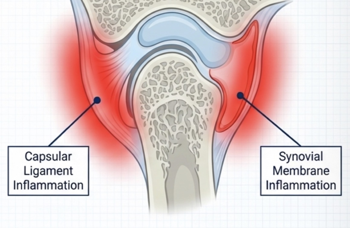 <p>Continuous pain exaggerated only by elongating the capsular ligament (at MO or translation)</p><p>Acute pain just anterior to tragus and at lateral pole of condyle </p><p>Soft diet, schedules NSAIDs, thermotherapy (moist heat) and ultrasound</p>
