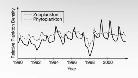 <p><span><span>Phytoplankton (dashed line) are important because they occupy the bottom of the food web absorbing CO2, functioning as a carbon sink. A scientist suggests that an El Niño event in early 1998 caused a significant decrease in the abundance of phytoplankton that year in the equatorial Pacific Ocean.</span></span></p><p><span><span>Figure 1. Relative abundance of plankton over time in the eastern equatorial Pacific Ocean</span></span></p><p><span><span>Which of the following observations would best support this alternative hypothesis?</span></span></p>