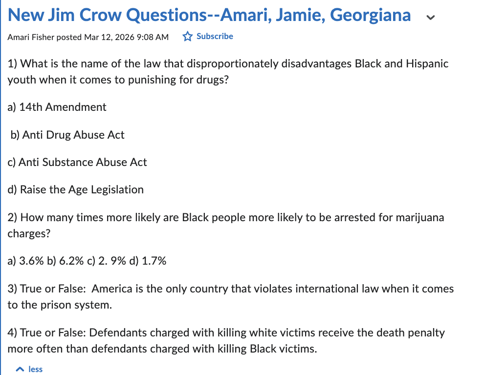 <p><span data-name="check_mark_button" data-type="emoji">✅</span> <strong>Anti Drug Abuse Act.</strong><br><strong>Options:</strong></p><ul><li><p>A) 14th Amendment <span data-name="cross_mark" data-type="emoji">❌</span></p></li><li><p><span data-name="check_mark_button" data-type="emoji">✅</span> B) Anti Drug Abuse Act <span data-name="check_mark_button" data-type="emoji">✅</span></p></li><li><p>C) Anti Substance Abuse Act <span data-name="cross_mark" data-type="emoji">❌</span></p></li><li><p>D) Raise the Age Legislation <span data-name="cross_mark" data-type="emoji">❌</span><br><strong>Why:</strong> The <strong>1986 Anti-Drug Abuse Act</strong> created harsh mandatory minimums and disparities (famously crack vs powder cocaine).</p></li></ul><p>The law that imposes harsh penalties on drug offenders, disproportionately affecting Black and Hispanic youth. </p><p></p>