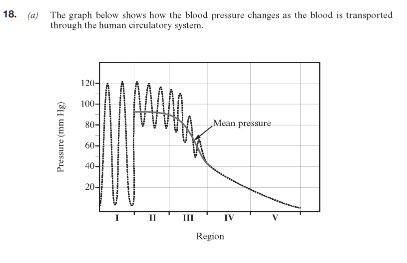<p>(ii) why does the blood pressure decrease so rapidly in region III (1 mark)</p>